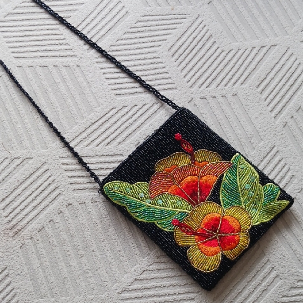 Vintage Beaded Hibuscus Evening Bag With Long Beaded/ Braided Crossbody Strap
